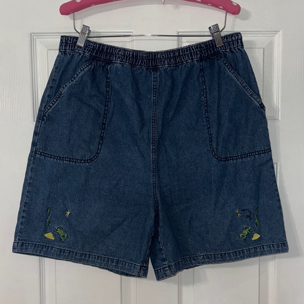 Vintage Denim Bermuda Shorts with embroidered frogs stretchy band